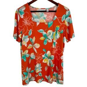Susan Graver Sz Medium Short Sleeve Tropical Stretchy Blouse Shirt Top Beach